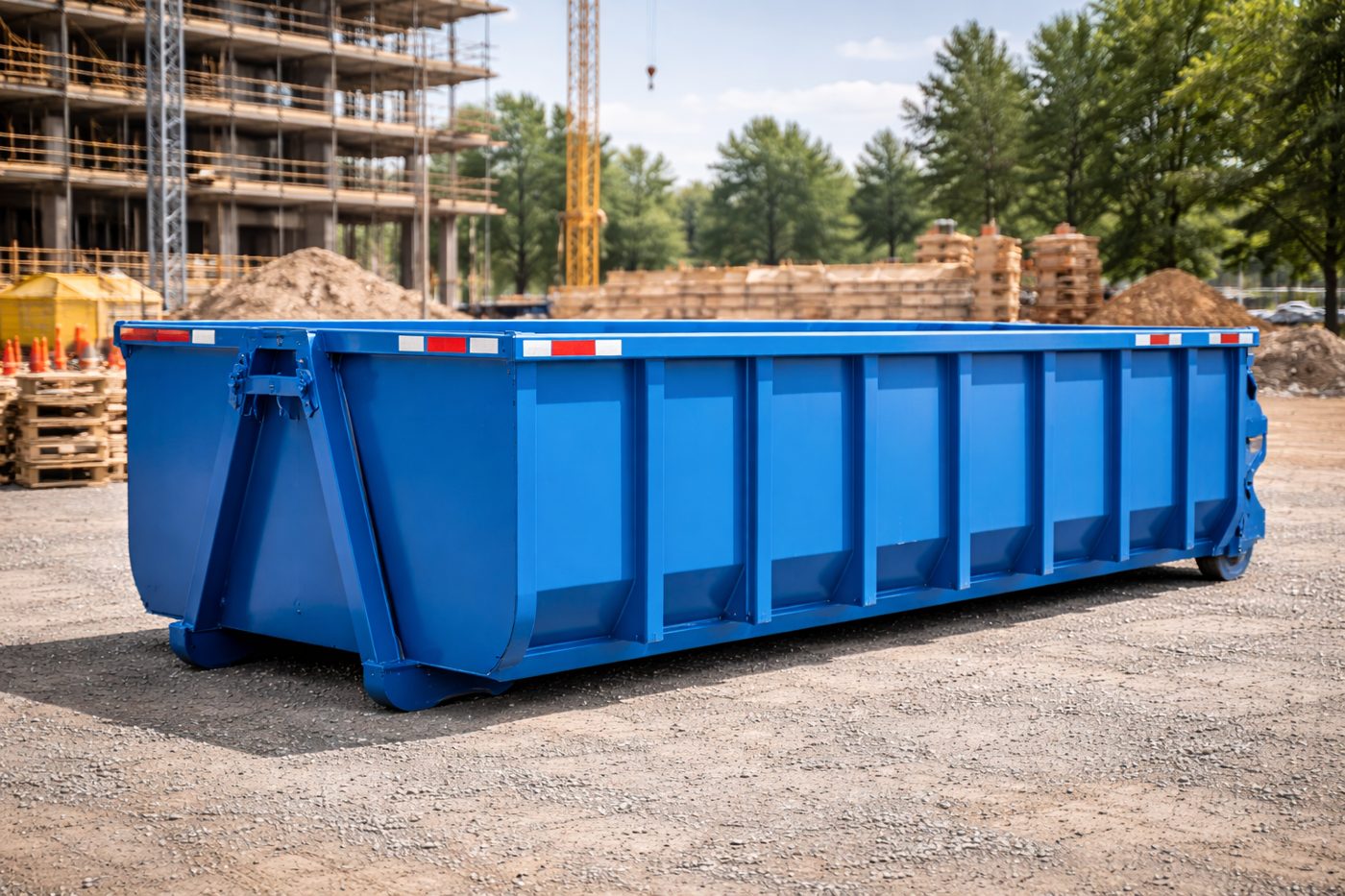 Construction dumpster rental: large blue roll-off on a job site in Laughlin, NV
